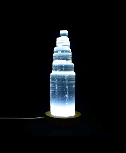 Lampe tour en sélénite – Cristal marocain naturel pour l'énergie et la décoration